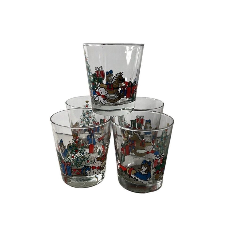1988 Anchor Hocking Christmas Toys Rocks Highball Glasses Lot Of 5